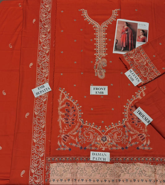 BATIK-3PC DHANAK EMBROIDERED SHIRT WITH DHANAK EMBROIDERED SHAWL AND TROUSER