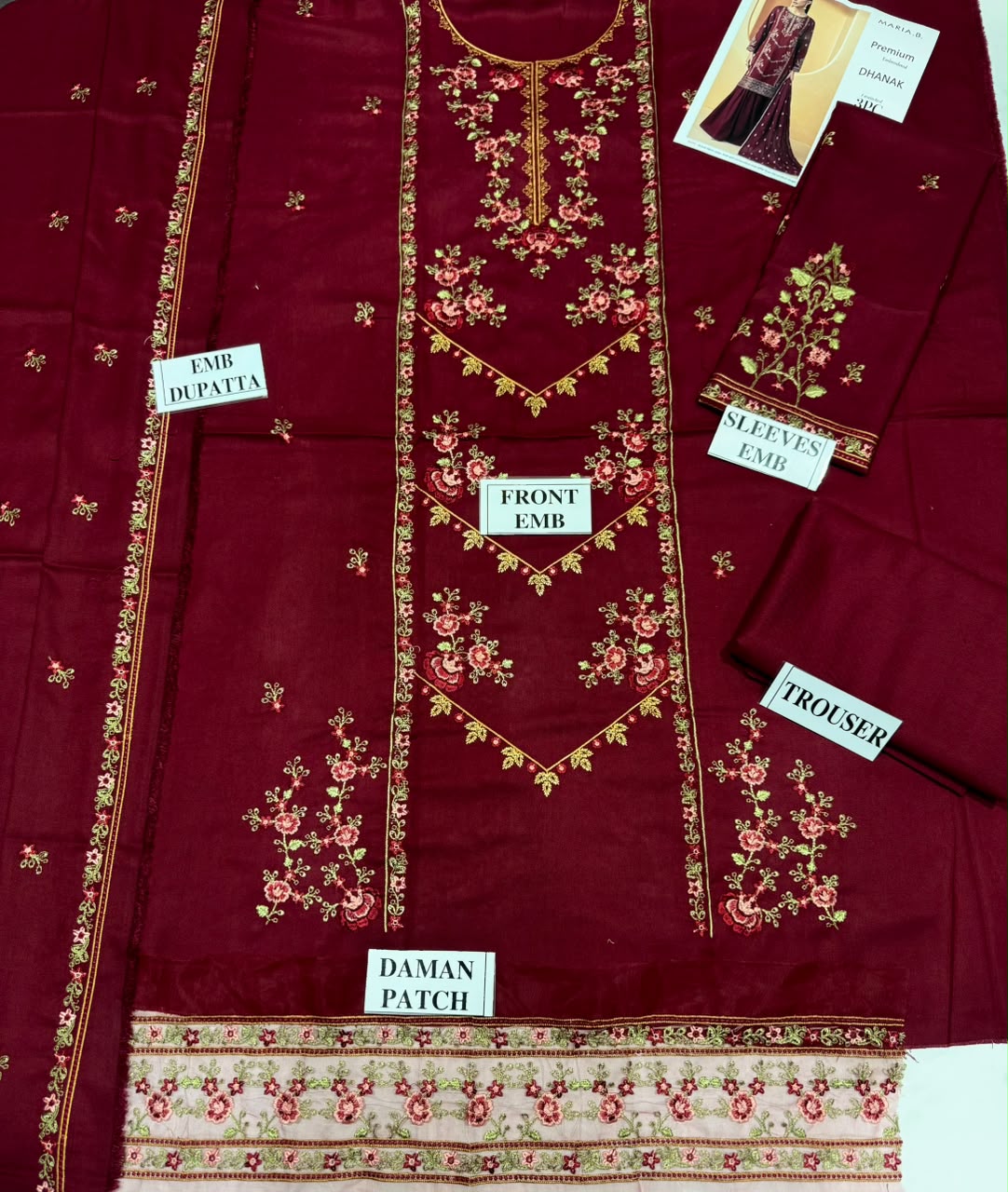 MARIA-B-3PC DHANAK EMBROIDERED SHIRT WITH DHANAK EMBROIDERED SHAWL AND TROUSER