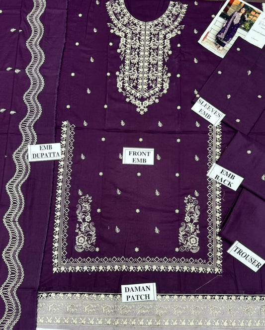 QALMAKAR-3PC DHANAK EMBROIDERED SHIRT WITH DHANAK EMBROIDERED SHAWL AND TROUSER