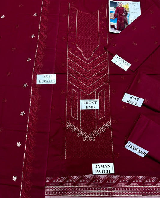 MIRIA-B-3PC DHANAK EMBROIDERED SHIRT WITH DHANAK EMBROIDERED SHAWL AND TROUSER