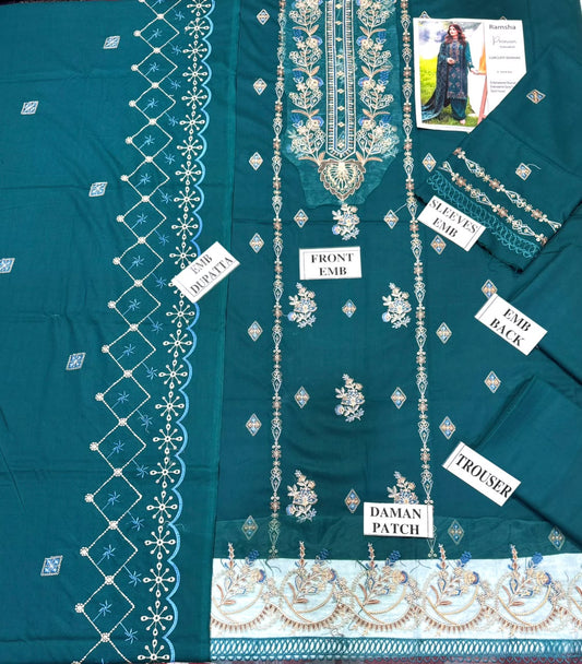 RAMSHA-3PC DHANAK EMBROIDERED SHIRT WITH DHANAK EMBROIDERED SHAWL AND TROUSER