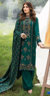 RAMSHA-3PC DHANAK EMBROIDERED SHIRT WITH DHANAK EMBROIDERED SHAWL AND TROUSER