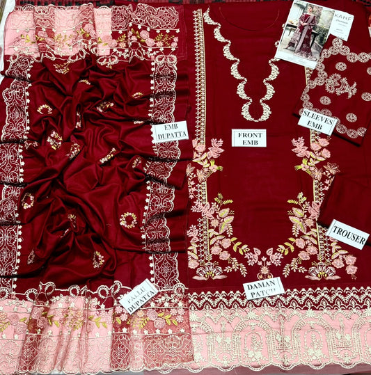 KAHF-3PC DHANAK EMBROIDERED SHIRT WITH DHANAK EMBROIDERED SHAWL AND TROUSER
