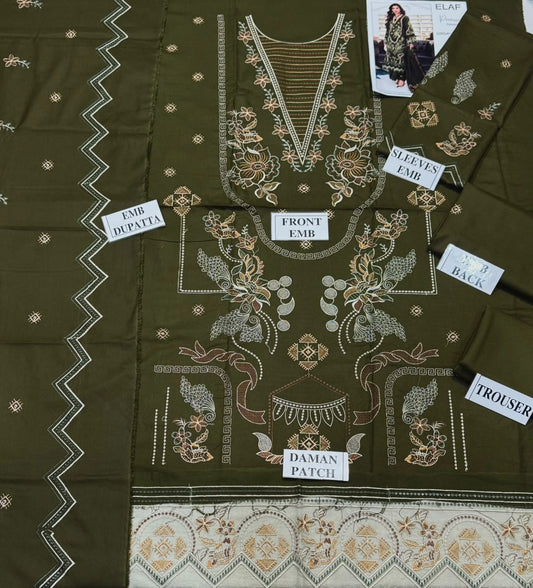 ELAF-3PC DHANAK EMBROIDERED SHIRT WITH DHANAK EMBROIDERED SHAWL AND TROUSER