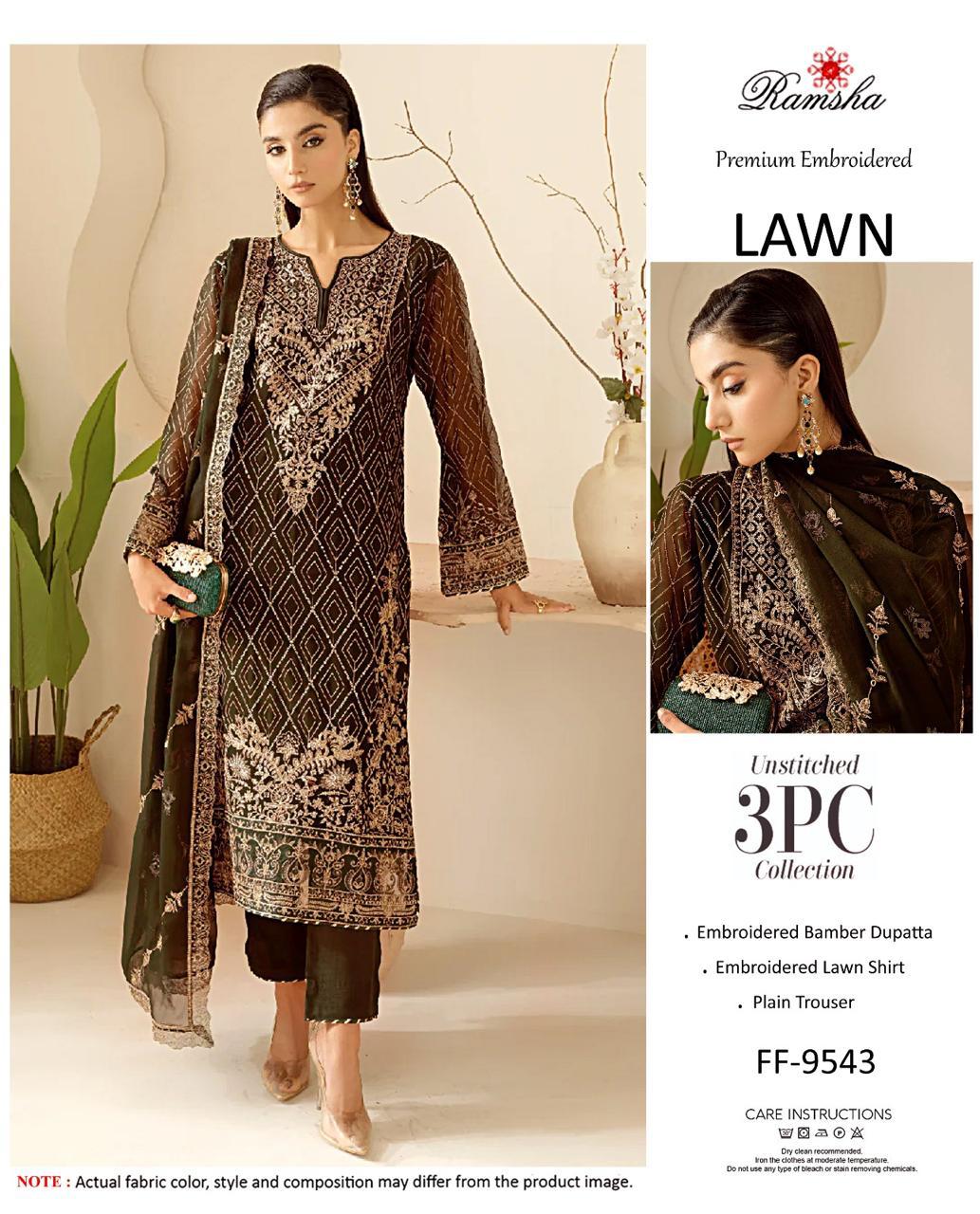 Ramsha Premium Embroidered Lawn 3PC Suit | FF-9543