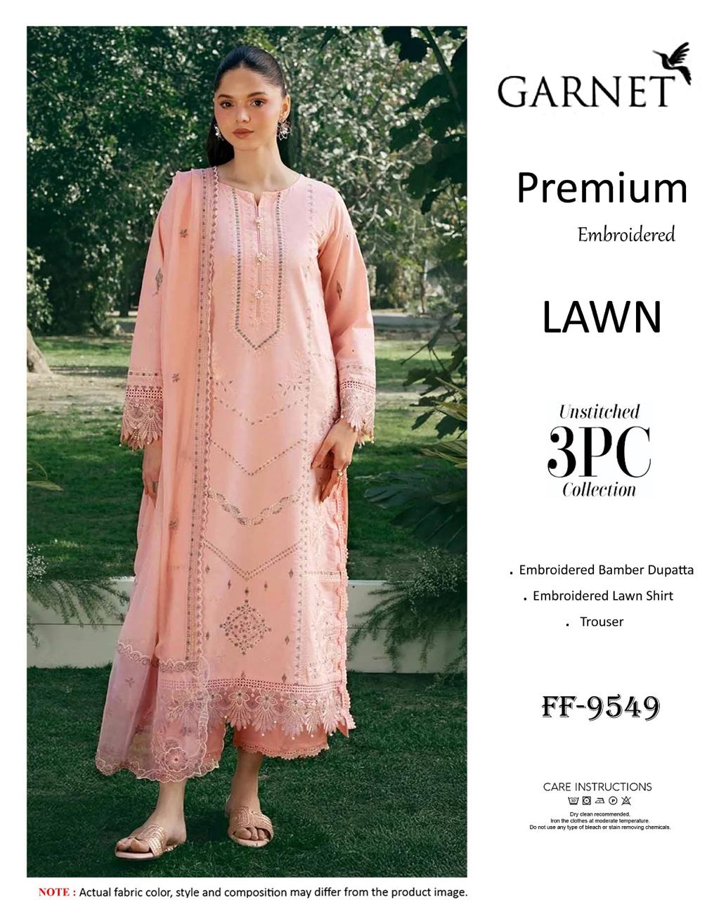 Garnet Premium Embroidered Lawn 3PC Suit | FF-9549