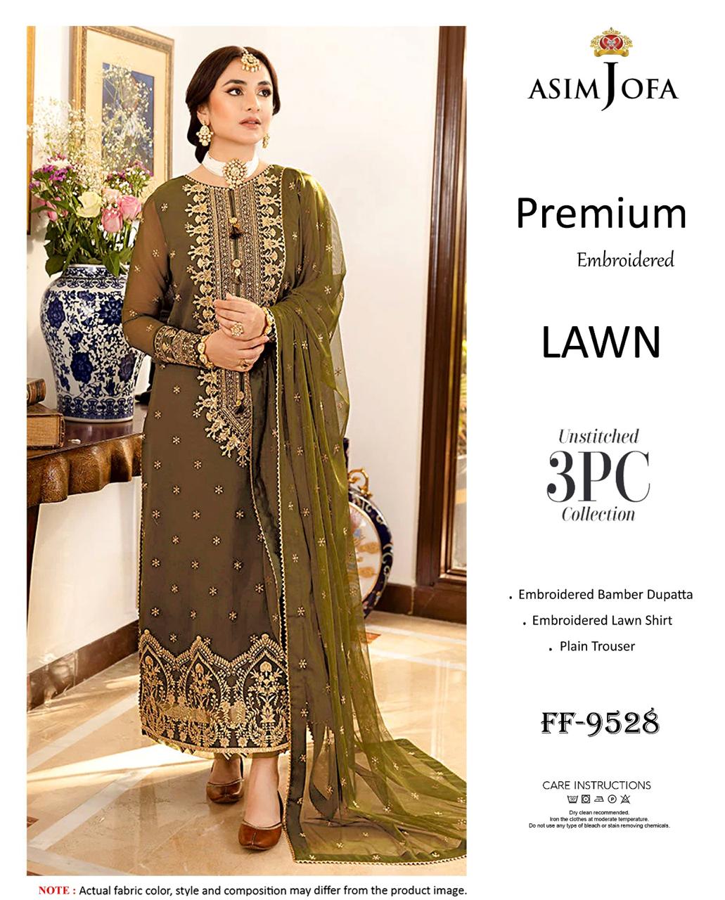 Asim Jofa Premium Embroidered Lawn 3PC Suit | FF-9528