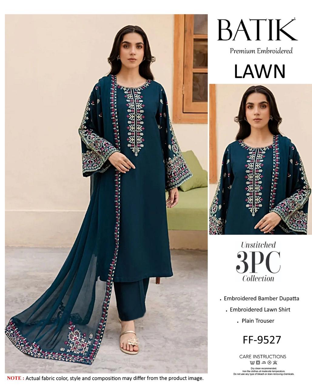 Batik Premium Embroidered Lawn 3PC Suit | FF-9527