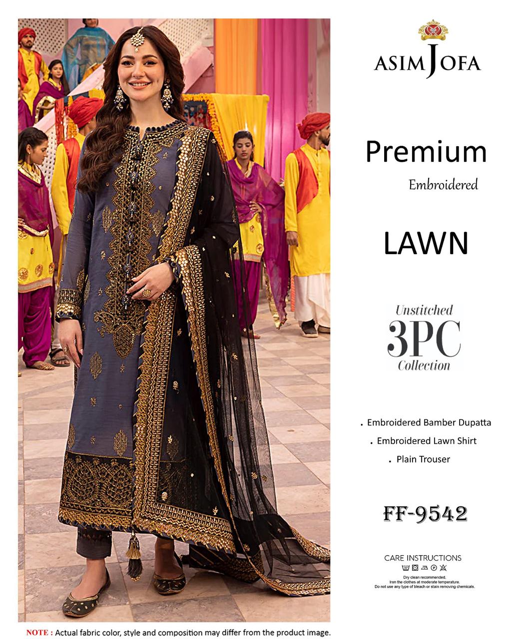 Asim Jofa Premium Embroidered Lawn 3PC Suit | FF-9542