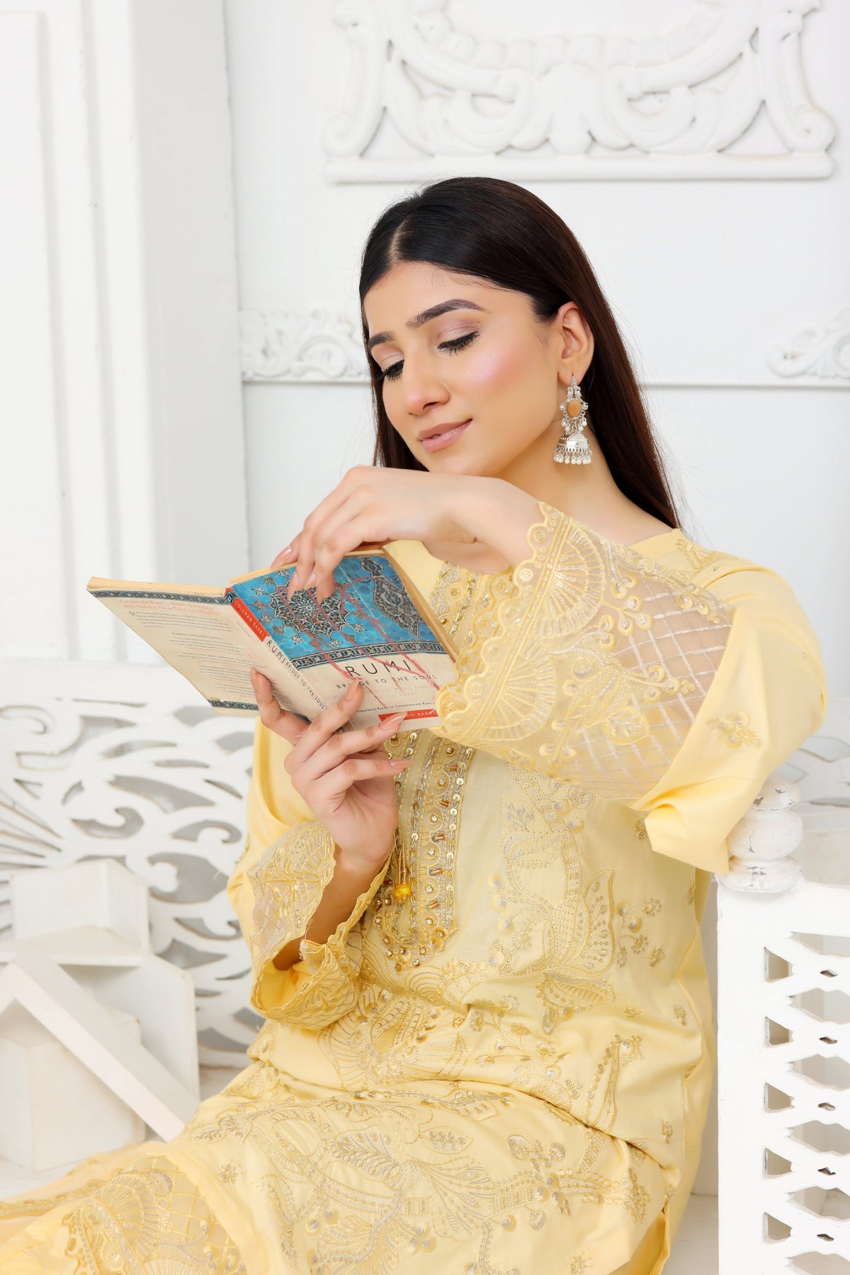 IB903 - Elegant Light Yellow Embroidered 3-Piece Stitched Suit