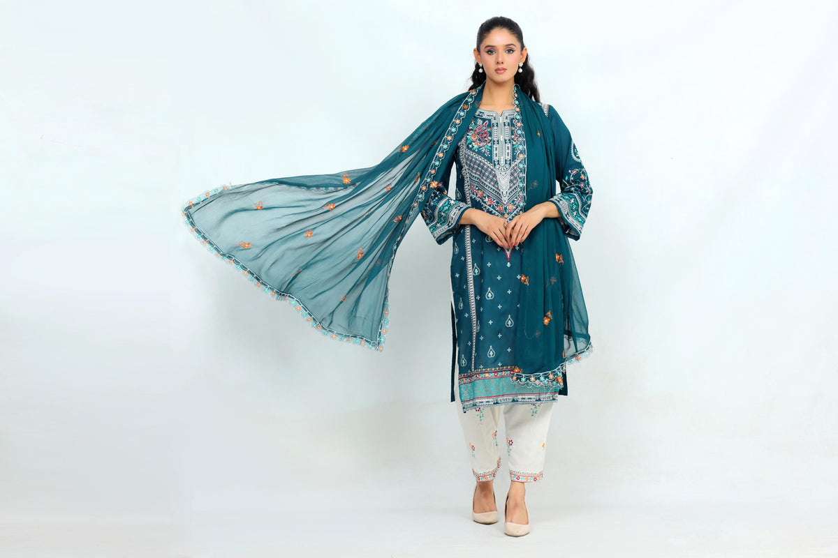 IB902 - Embroidered 3-Piece Stitched Suit with Sequin Details