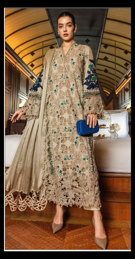 MARIA.B-3PC DHANAK EMBROIDERED SHIRT WITH DHANAK EMBROIDERED SHAWL AND TROUSER