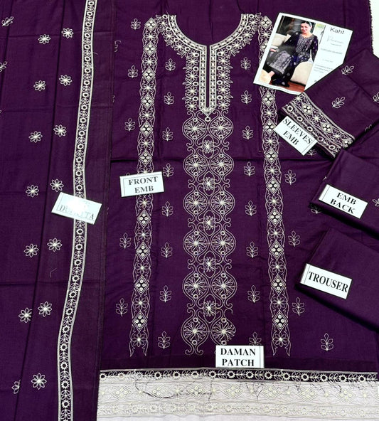 KAHF-3PC DHANAK EMBROIDERED SHIRT WITH DHANAK EMBROIDERED SHAWL AND TROUSER
