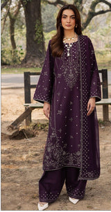 QALAMKAR-3PC DHANAK EMBROIDERED SHIRT WITH DHANAK EMBROIDERED SHAWL AND TROUSER