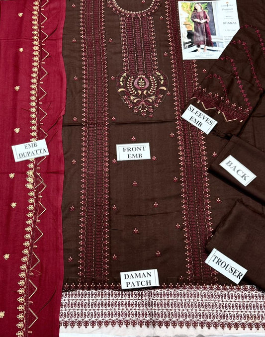 ASIMJOFA-3PC DHANAK EMBROIDERED SHIRT WITH DHANAK EMBROIDERED SHAWL AND TROUSER