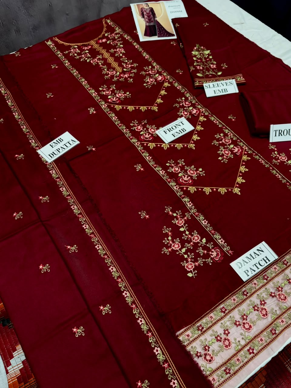 MARIA-B-3PC DHANAK EMBROIDERED SHIRT WITH DHANAK EMBROIDERED SHAWL AND TROUSER