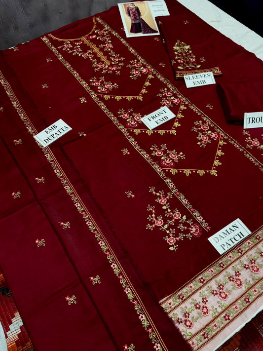 MARIA-B-3PC DHANAK EMBROIDERED SHIRT WITH DHANAK EMBROIDERED SHAWL AND TROUSER