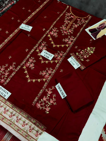 MARIA-B-3PC DHANAK EMBROIDERED SHIRT WITH DHANAK EMBROIDERED SHAWL AND TROUSER