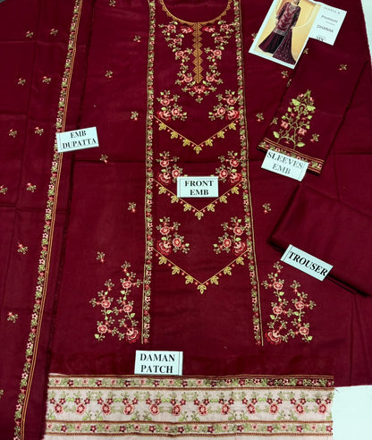 MARIA-B-3PC DHANAK EMBROIDERED SHIRT WITH DHANAK EMBROIDERED SHAWL AND TROUSER