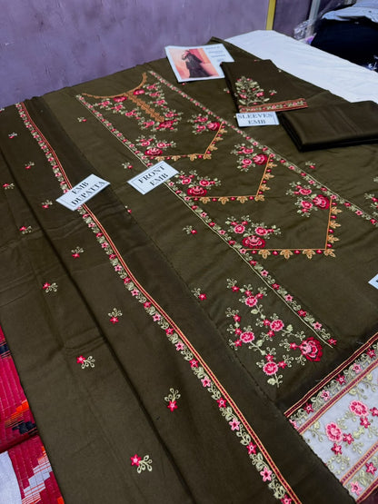 MIRIA-B-3PC DHANAK EMBROIDERED SHIRT WITH DHANAK EMBROIDERED SHAWL AND TROUSER