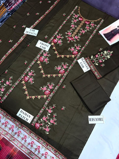 MIRIA-B-3PC DHANAK EMBROIDERED SHIRT WITH DHANAK EMBROIDERED SHAWL AND TROUSER