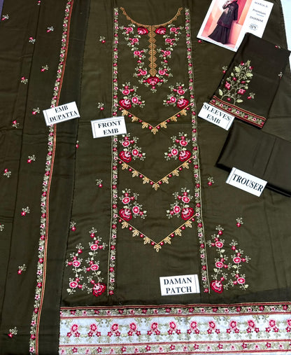 MIRIA-B-3PC DHANAK EMBROIDERED SHIRT WITH DHANAK EMBROIDERED SHAWL AND TROUSER