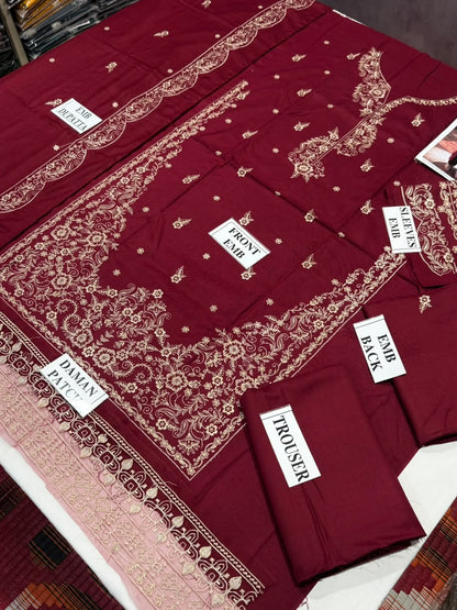 AZURI-3PC DHANAK EMBROIDERED SHIRT WITH DHANAK EMBROIDERED SHAWL AND TROUSER