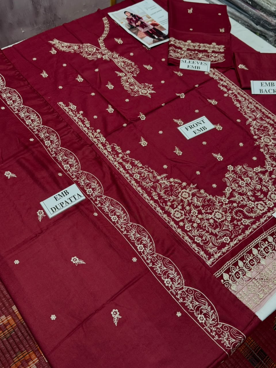 AZURI-3PC DHANAK EMBROIDERED SHIRT WITH DHANAK EMBROIDERED SHAWL AND TROUSER