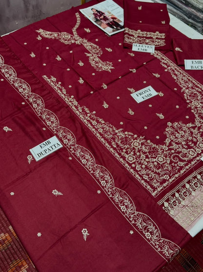 AZURI-3PC DHANAK EMBROIDERED SHIRT WITH DHANAK EMBROIDERED SHAWL AND TROUSER