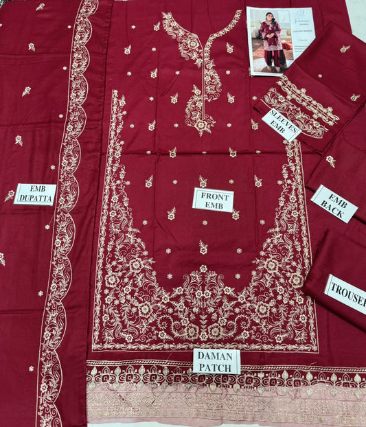 AZURI-3PC DHANAK EMBROIDERED SHIRT WITH DHANAK EMBROIDERED SHAWL AND TROUSER