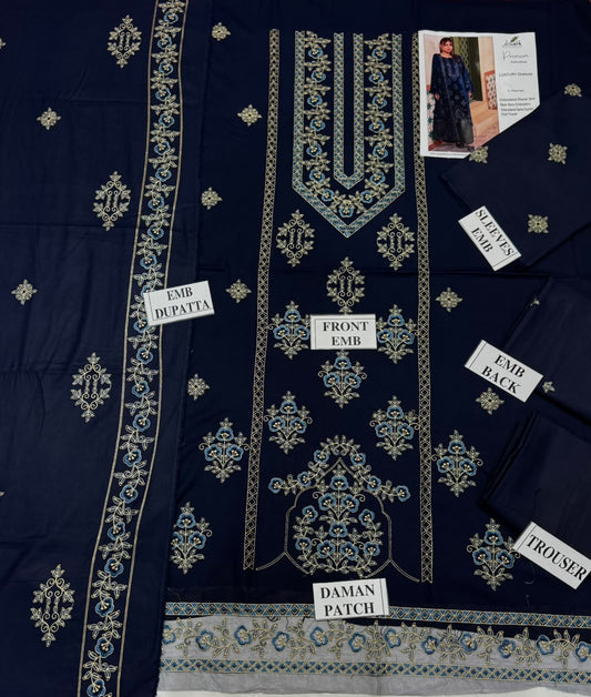 QALAMKAR-3PC DHANAK EMBROIDERED SHIRT WITH DHANAK EMBROIDERED SHAWL AND TROUSER