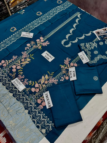KAHF-3PC DHANAK EMBROIDERED SHIRT WITH DHANAK EMBROIDERED SHAWL AND TROUSER