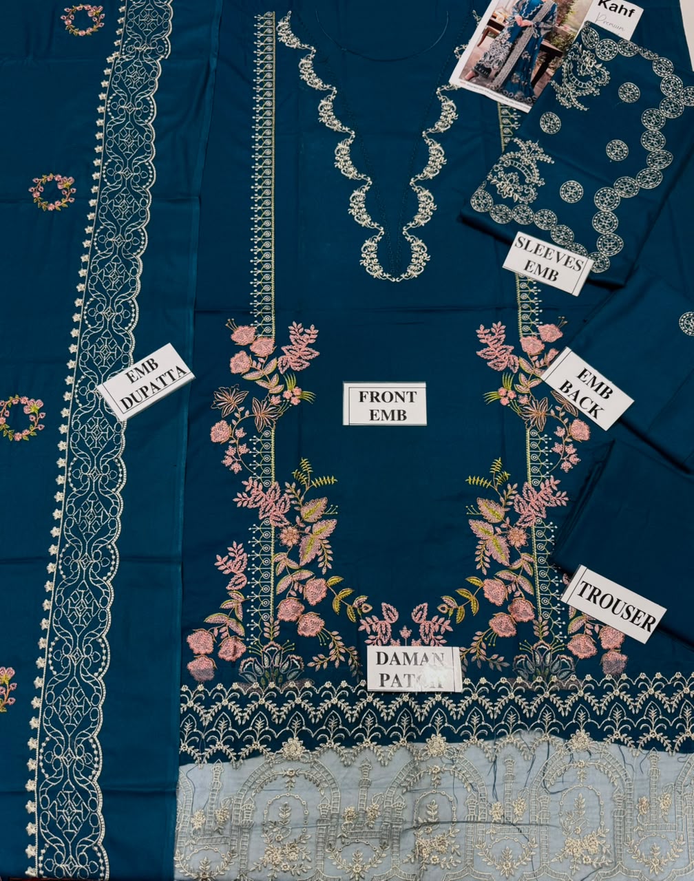 KAHF-3PC DHANAK EMBROIDERED SHIRT WITH DHANAK EMBROIDERED SHAWL AND TROUSER