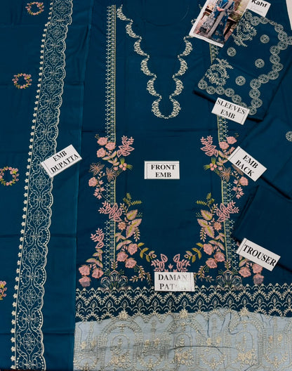 KAHF-3PC DHANAK EMBROIDERED SHIRT WITH DHANAK EMBROIDERED SHAWL AND TROUSER
