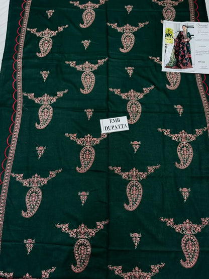 BAREEZE-3PC DHANAK EMBROIDERED SHIRT WITH DHANAK EMBROIDERED SHAWL AND TROUSER