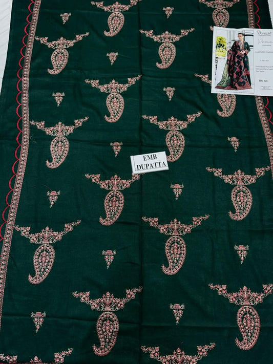 BAREEZE-3PC DHANAK EMBROIDERED SHIRT WITH DHANAK EMBROIDERED SHAWL AND TROUSER