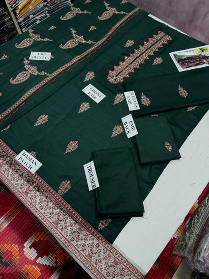 BAREEZE-3PC DHANAK EMBROIDERED SHIRT WITH DHANAK EMBROIDERED SHAWL AND TROUSER