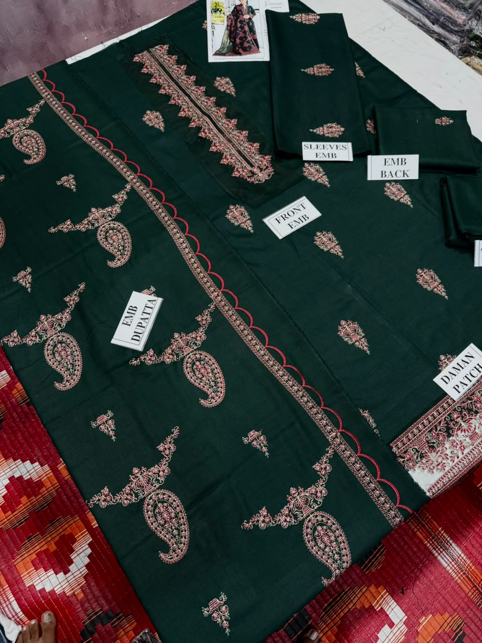 BAREEZE-3PC DHANAK EMBROIDERED SHIRT WITH DHANAK EMBROIDERED SHAWL AND TROUSER