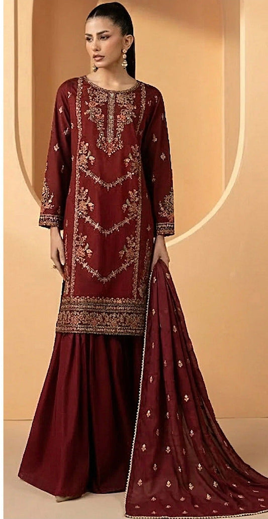 MARIA-B-3PC DHANAK EMBROIDERED SHIRT WITH DHANAK EMBROIDERED SHAWL AND TROUSER