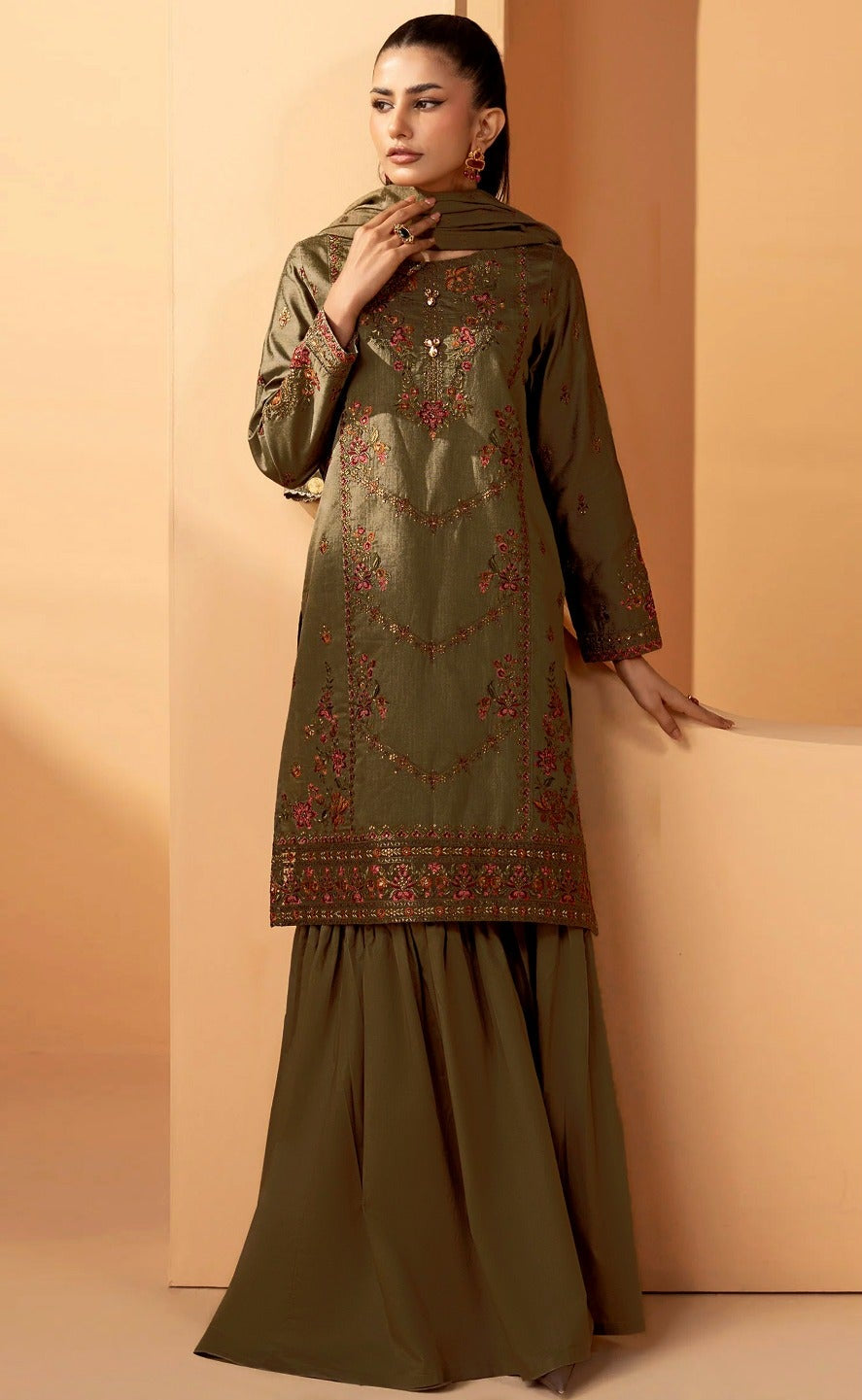 MIRIA-B-3PC DHANAK EMBROIDERED SHIRT WITH DHANAK EMBROIDERED SHAWL AND TROUSER