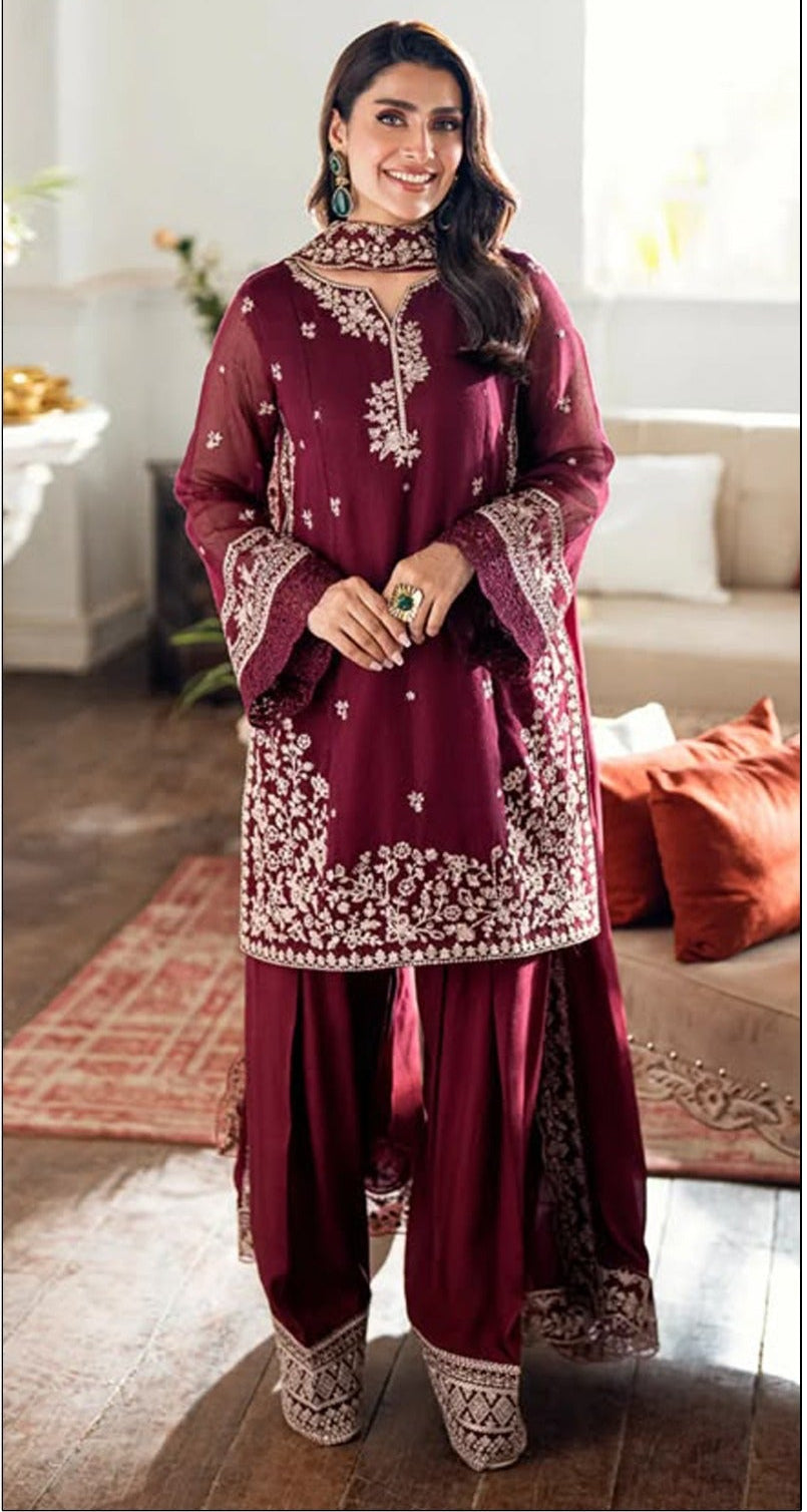 AZURI-3PC DHANAK EMBROIDERED SHIRT WITH DHANAK EMBROIDERED SHAWL AND TROUSER