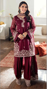 AZURI-3PC DHANAK EMBROIDERED SHIRT WITH DHANAK EMBROIDERED SHAWL AND TROUSER