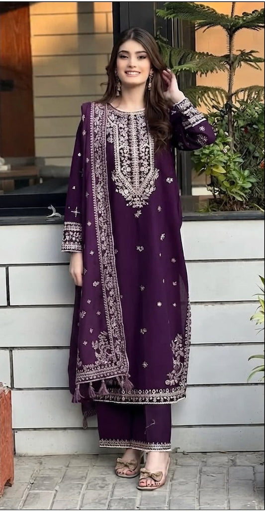 QALMAKAR-3PC DHANAK EMBROIDERED SHIRT WITH DHANAK EMBROIDERED SHAWL AND TROUSER