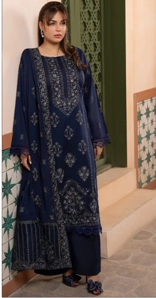 QALAMKAR-3PC DHANAK EMBROIDERED SHIRT WITH DHANAK EMBROIDERED SHAWL AND TROUSER