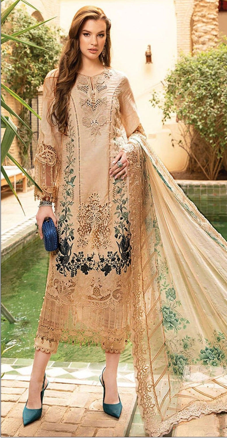 MARIA-B-3PC DHANAK EMBROIDERED SHIRT WITH DHANAK EMBROIDERED SHAWL AND TROUSER