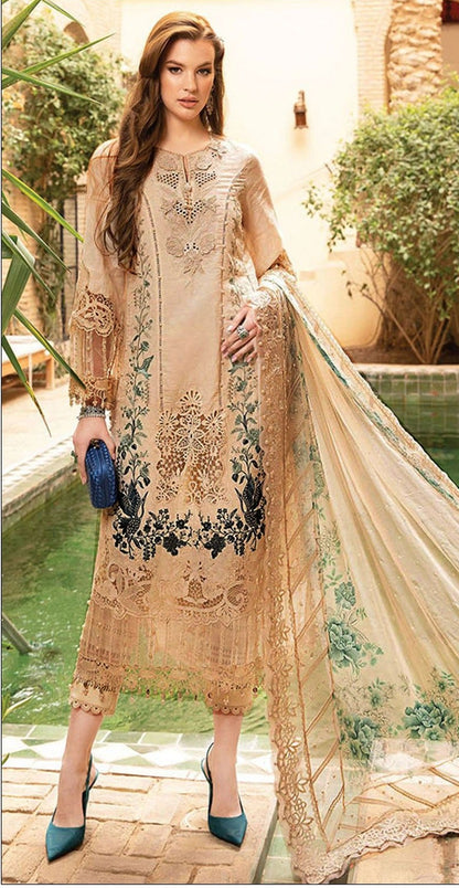 MARIA-B-3PC DHANAK EMBROIDERED SHIRT WITH DHANAK EMBROIDERED SHAWL AND TROUSER