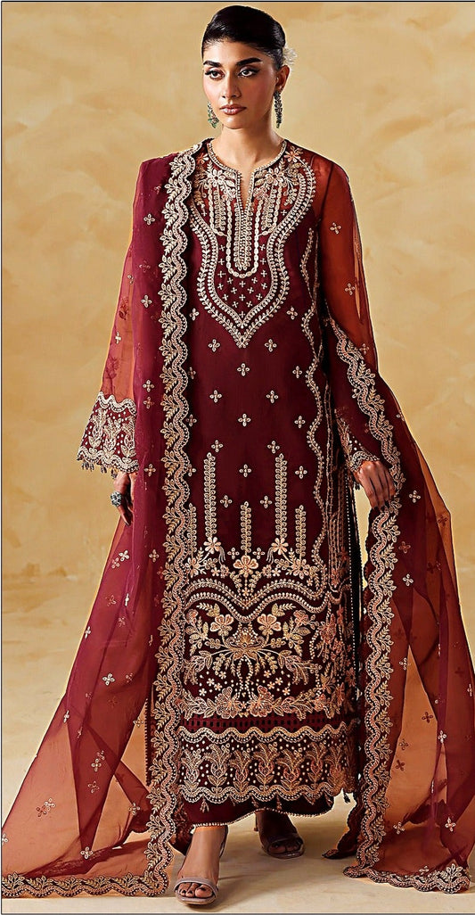 AKBAR ASLAM-3PC DHANAK EMBROIDERED SHIRT WITH DHANAK EMBROIDERED SHAWL AND TROUSER