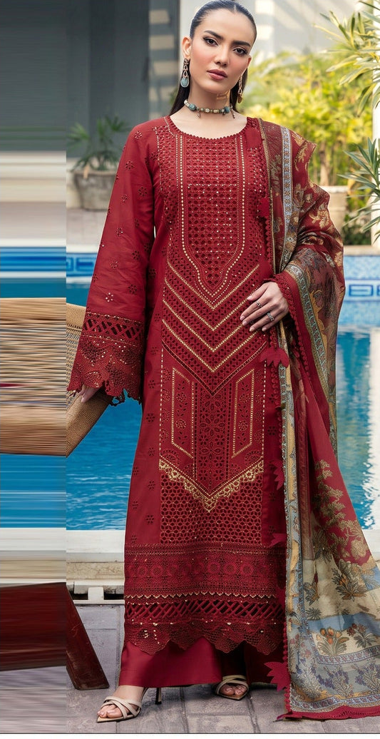 MIRIA-B-3PC DHANAK EMBROIDERED SHIRT WITH DHANAK EMBROIDERED SHAWL AND TROUSER
