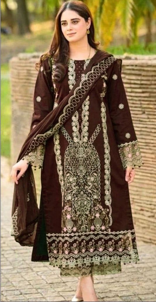 LAAM-3PC DHANAK EMBROIDERED SHIRT WITH DHANAK EMBROIDERED SHAWL AND TROUSER