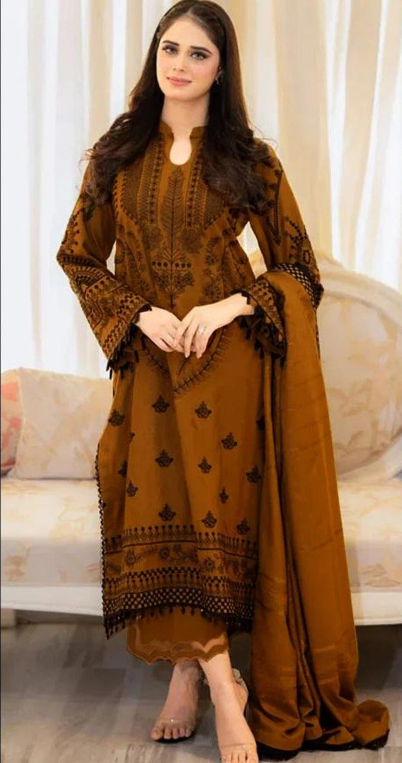 LIBAAS-3PC DHANAK EMBROIDERED SHIRT WITH DHANAK EMBROIDERED SHAWL AND TROUSER